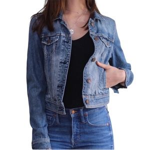 American Eagle Distressed Denim Button Up Cropped Jean Jacket Size Small